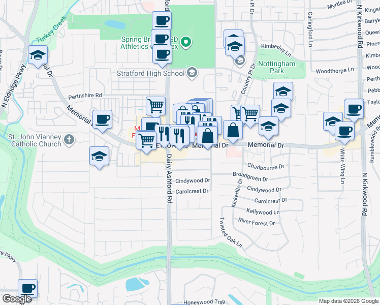 map of restaurants, bars, coffee shops, grocery stores, and more near 14523 Chadbourne Drive in Houston