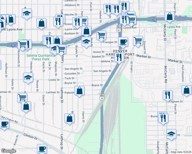map of restaurants, bars, coffee shops, grocery stores, and more near 7324 Tuck Street in Houston
