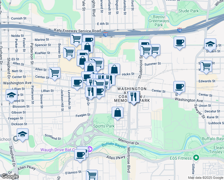 map of restaurants, bars, coffee shops, grocery stores, and more near 3350 Washington Avenue in Houston