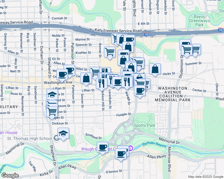 map of restaurants, bars, coffee shops, grocery stores, and more near 3905a Barnes Street in Houston
