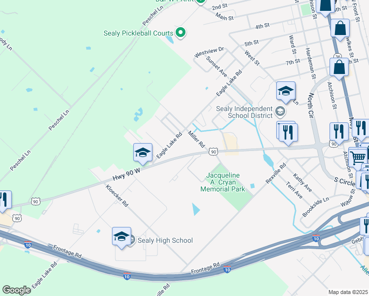 map of restaurants, bars, coffee shops, grocery stores, and more near 1601 Hwy 90 in Sealy