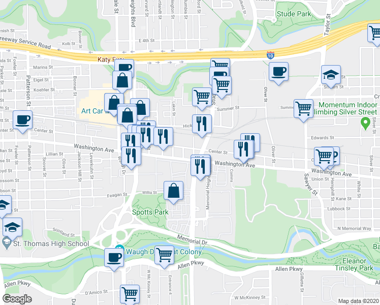map of restaurants, bars, coffee shops, grocery stores, and more near 3205 Center Street in Houston