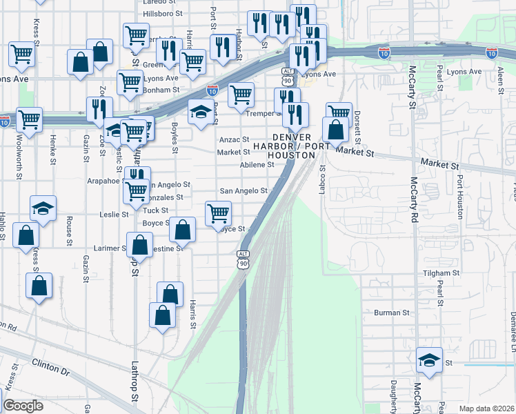 map of restaurants, bars, coffee shops, grocery stores, and more near 7414 Tuck Street in Houston