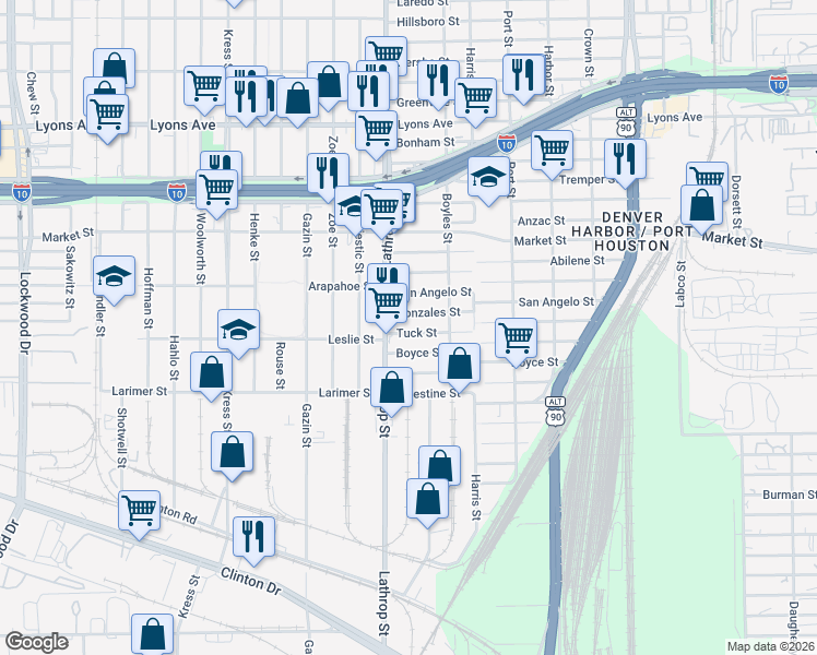 map of restaurants, bars, coffee shops, grocery stores, and more near in Houston