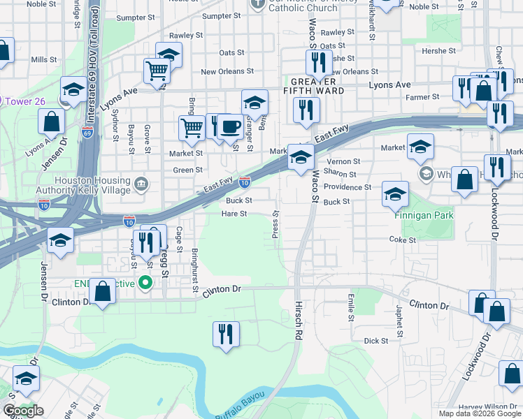 map of restaurants, bars, coffee shops, grocery stores, and more near 4108 Hare Street in Houston