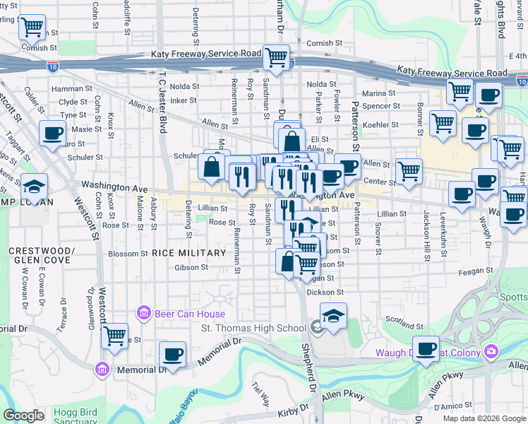 map of restaurants, bars, coffee shops, grocery stores, and more near 5006 Rose Street in Houston