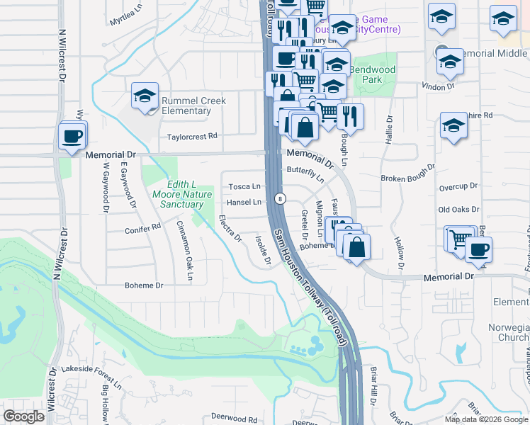 map of restaurants, bars, coffee shops, grocery stores, and more near 12907 Traviata Drive in Houston