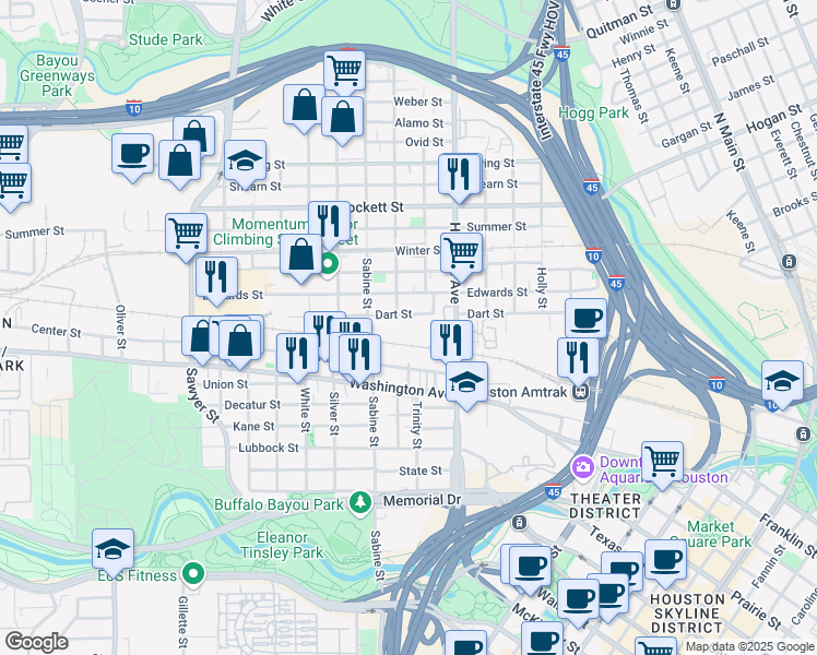 map of restaurants, bars, coffee shops, grocery stores, and more near 1615 Dart Street in Houston