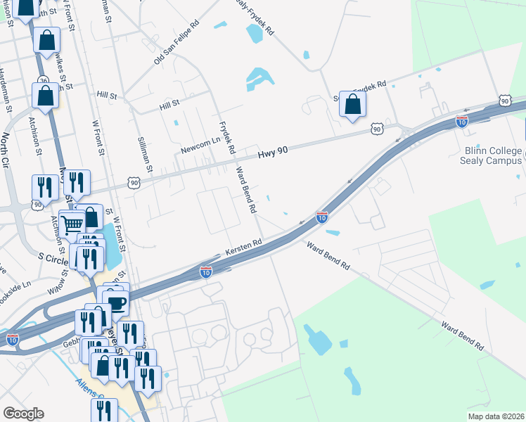 map of restaurants, bars, coffee shops, grocery stores, and more near 1426 Ward Bend Road in Sealy