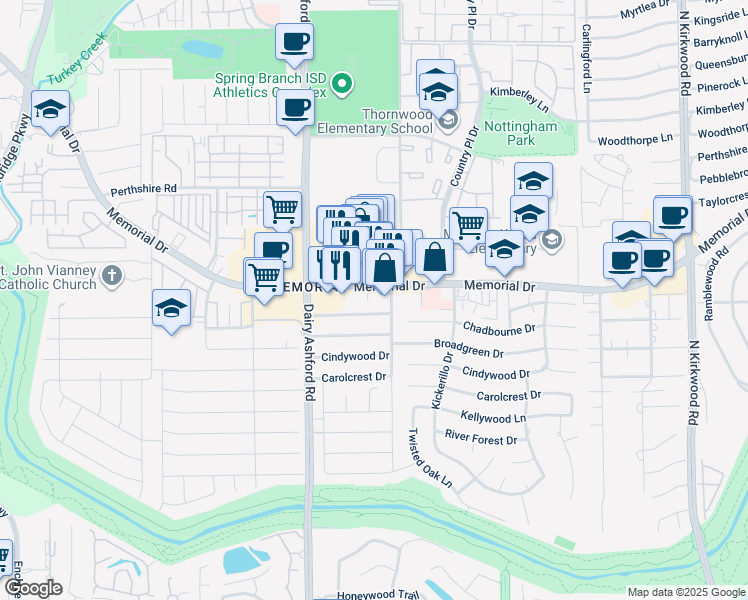 map of restaurants, bars, coffee shops, grocery stores, and more near 14523 Chadbourne Drive in Houston