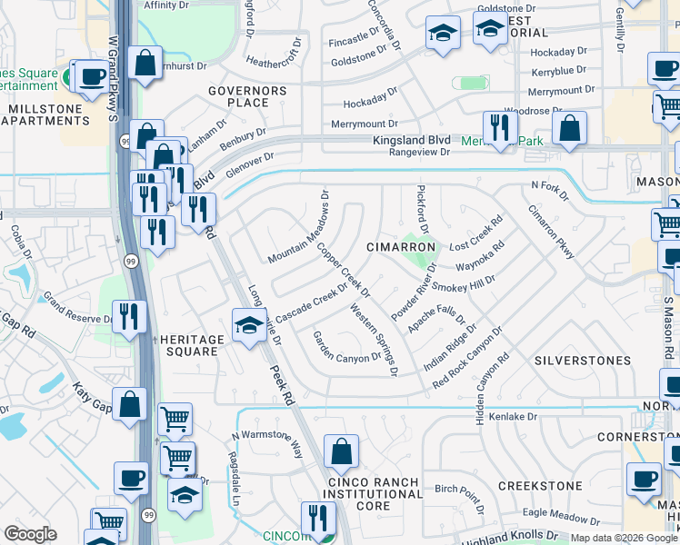 map of restaurants, bars, coffee shops, grocery stores, and more near 1022 Cascade Creek Drive in Katy