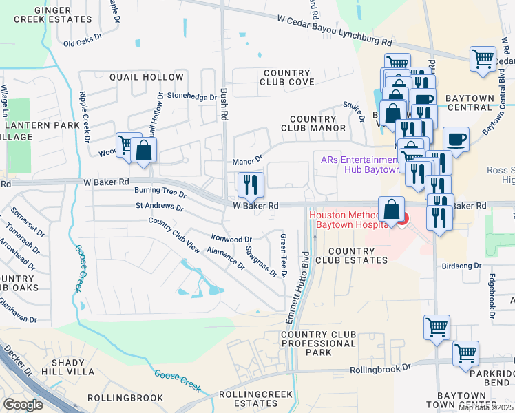 map of restaurants, bars, coffee shops, grocery stores, and more near 2801 West Baker Road in Baytown