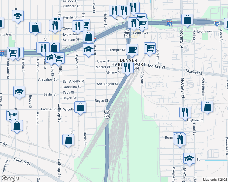 map of restaurants, bars, coffee shops, grocery stores, and more near 7414 Tuck Street in Houston