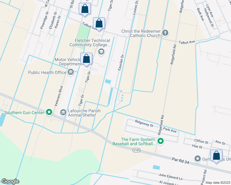 map of restaurants, bars, coffee shops, grocery stores, and more near 303 Eauclair Drive in Thibodaux