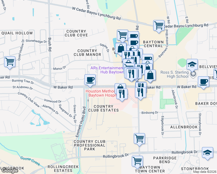 map of restaurants, bars, coffee shops, grocery stores, and more near 2101 West Baker Road in Baytown