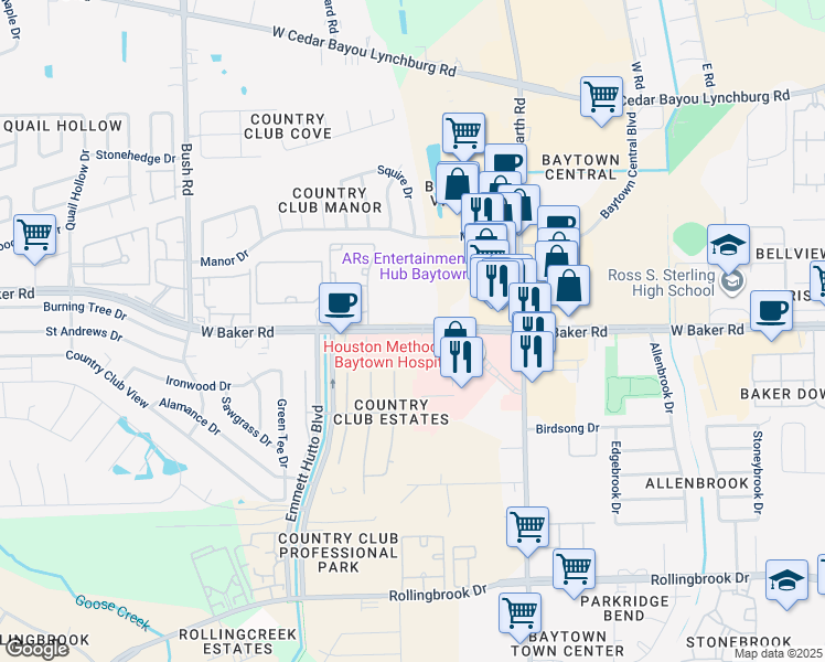 map of restaurants, bars, coffee shops, grocery stores, and more near 2013 West Baker Road in Baytown