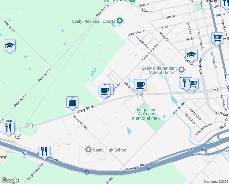 map of restaurants, bars, coffee shops, grocery stores, and more near 1604 Eagle Lake Road in Sealy