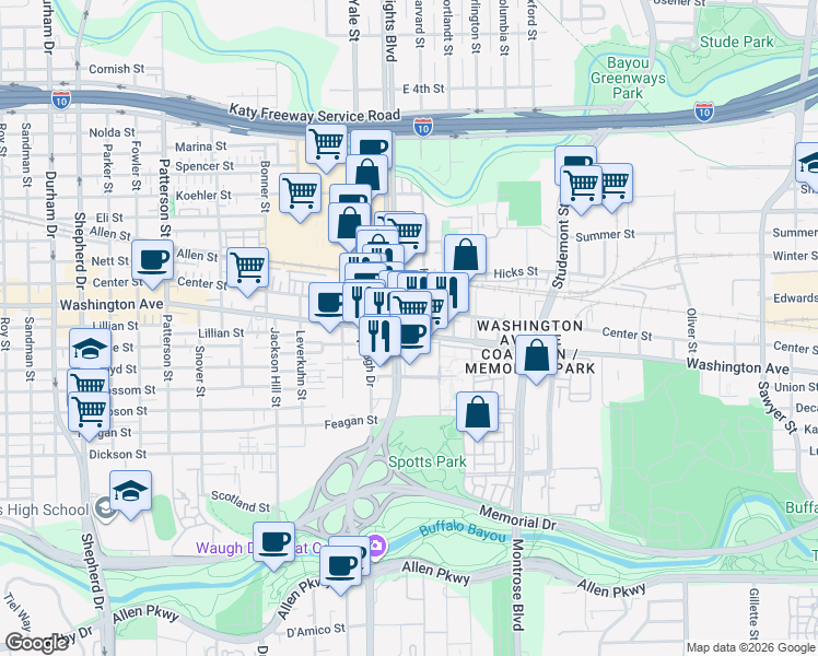 map of restaurants, bars, coffee shops, grocery stores, and more near in Houston