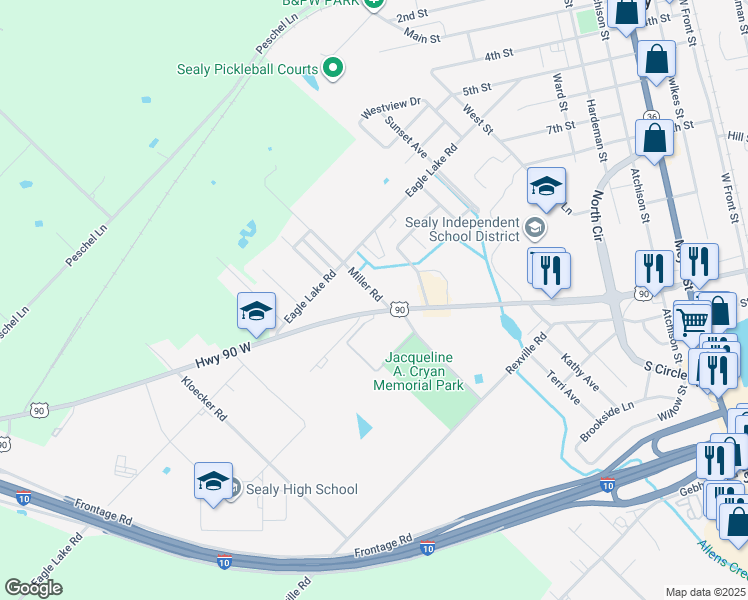 map of restaurants, bars, coffee shops, grocery stores, and more near 1315 Miller Road in Sealy