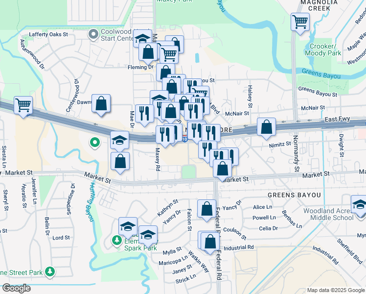map of restaurants, bars, coffee shops, grocery stores, and more near 1205 Falcon Street in Houston