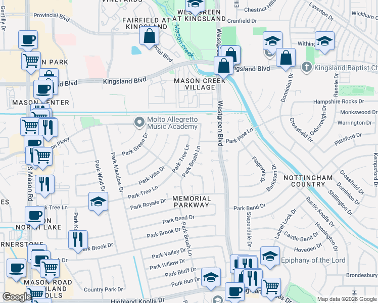 map of restaurants, bars, coffee shops, grocery stores, and more near 20918 Park Brush Court in Katy