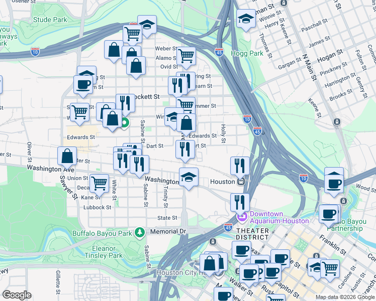 map of restaurants, bars, coffee shops, grocery stores, and more near 1206 Hickory Street in Houston