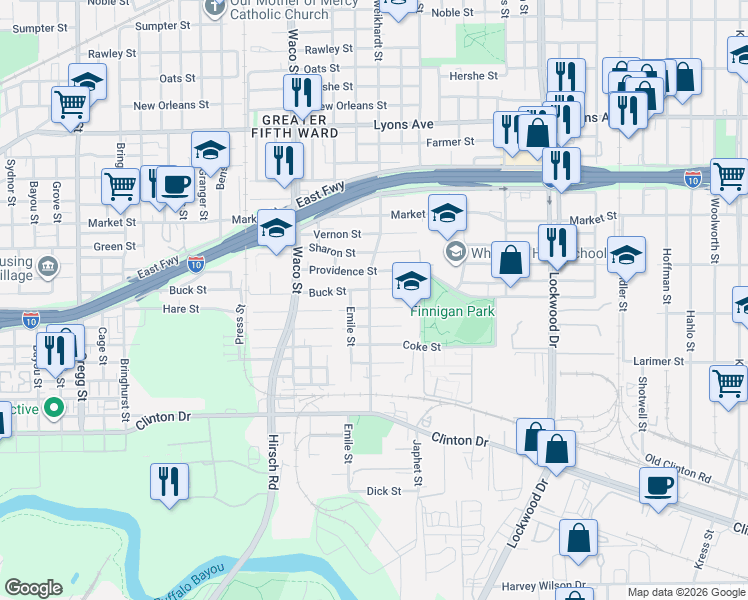 map of restaurants, bars, coffee shops, grocery stores, and more near 4615 Gunter Street in Houston