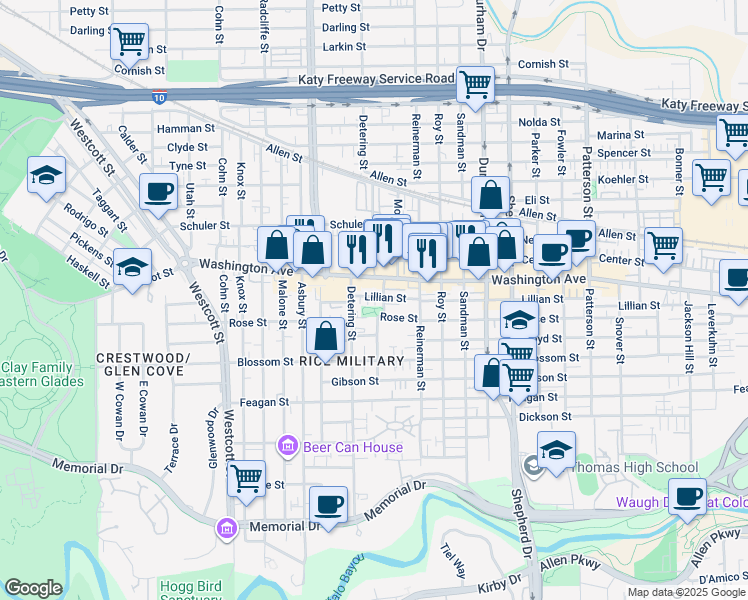map of restaurants, bars, coffee shops, grocery stores, and more near 5225 Rose Street in Houston