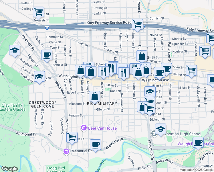 map of restaurants, bars, coffee shops, grocery stores, and more near 5225 Rose Street in Houston