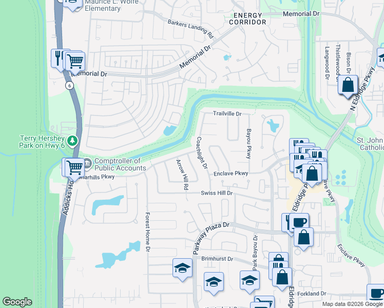 map of restaurants, bars, coffee shops, grocery stores, and more near 1014 Honey Hill Drive in Houston