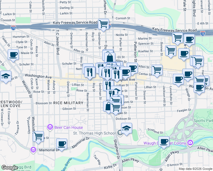 map of restaurants, bars, coffee shops, grocery stores, and more near 900 South Durham Drive in Houston