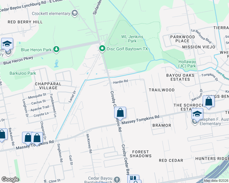 map of restaurants, bars, coffee shops, grocery stores, and more near 4020 Crosby Cedar Bayou Road in Baytown