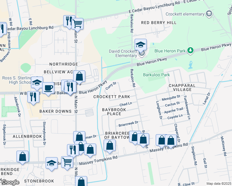 map of restaurants, bars, coffee shops, grocery stores, and more near 4210 Thyme Circle in Baytown
