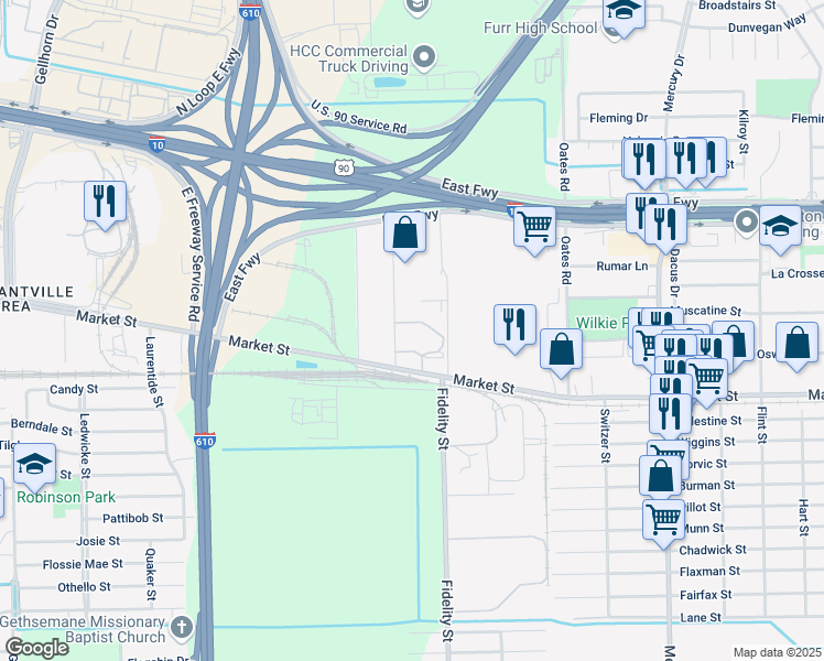 map of restaurants, bars, coffee shops, grocery stores, and more near 9701 Market Street in Houston