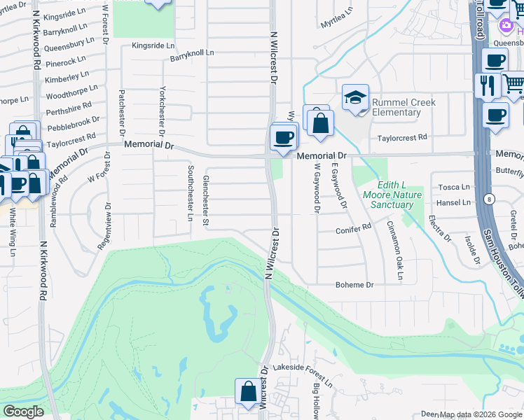 map of restaurants, bars, coffee shops, grocery stores, and more near 13322 Conifer Road in Houston