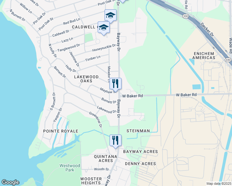 map of restaurants, bars, coffee shops, grocery stores, and more near 7129 Bayway Drive in Baytown