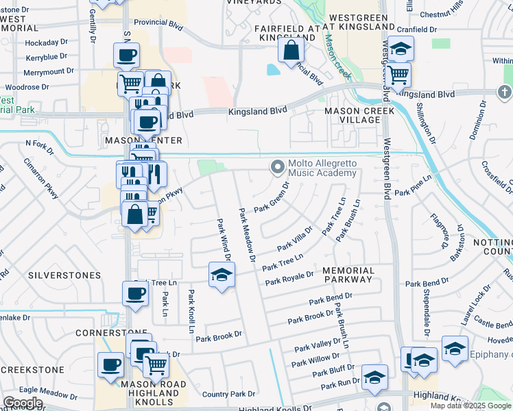 map of restaurants, bars, coffee shops, grocery stores, and more near 21414 Park Downe Lane in Katy