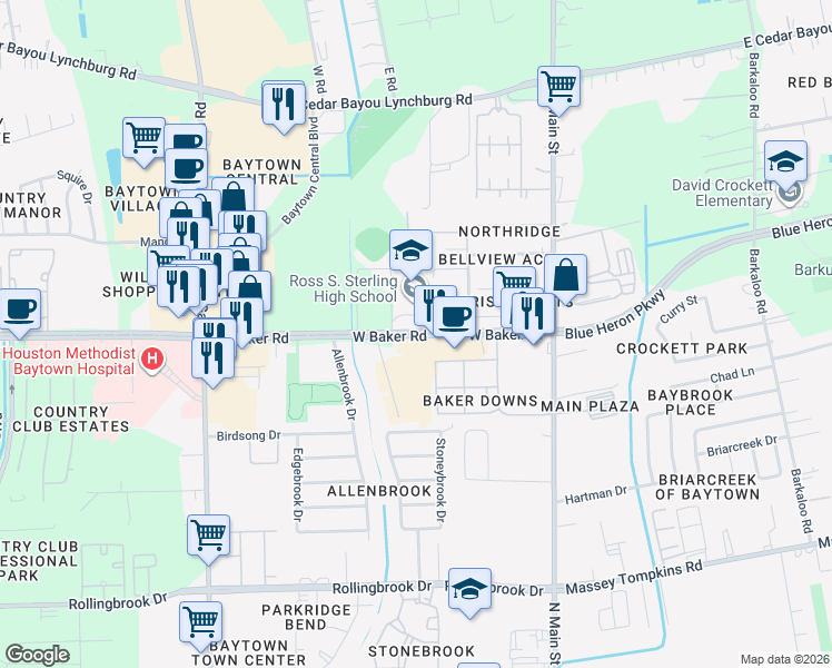 map of restaurants, bars, coffee shops, grocery stores, and more near in Baytown
