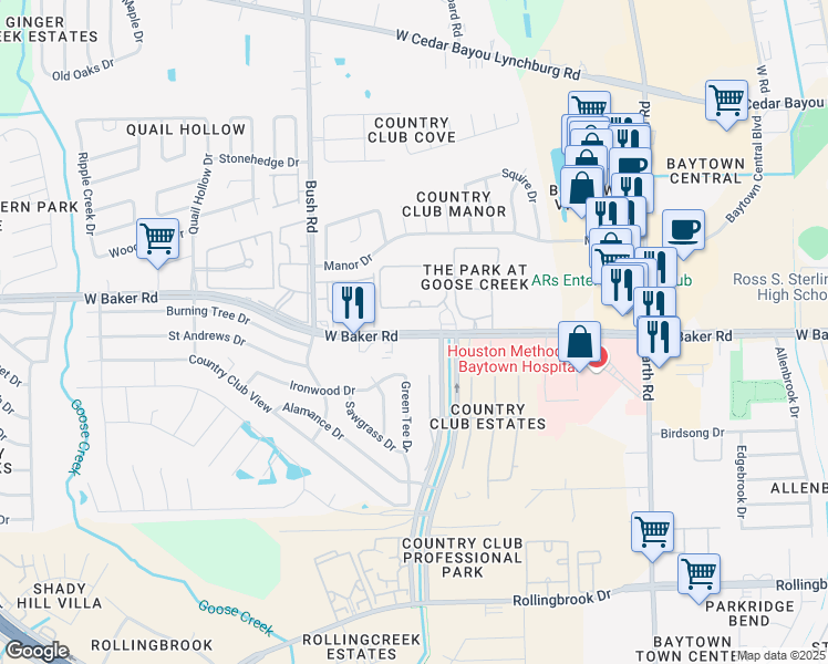 map of restaurants, bars, coffee shops, grocery stores, and more near 1626 West Baker Road in Baytown
