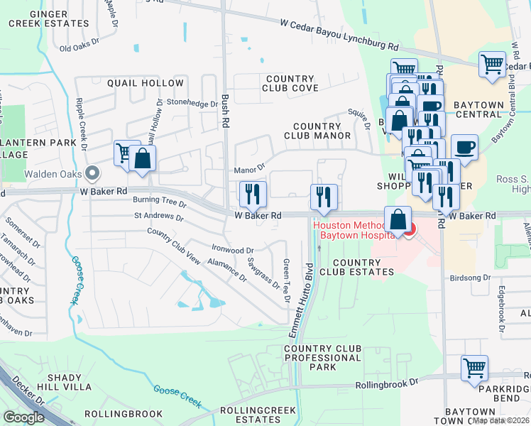 map of restaurants, bars, coffee shops, grocery stores, and more near 2205 West Baker Road in Baytown
