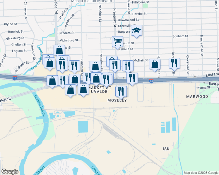 map of restaurants, bars, coffee shops, grocery stores, and more near 13740 East Freeway in Houston