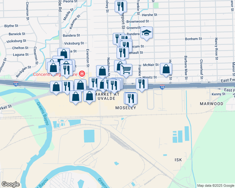map of restaurants, bars, coffee shops, grocery stores, and more near 13740 East Freeway in Houston