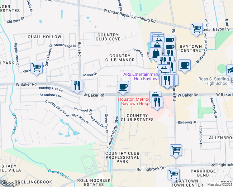map of restaurants, bars, coffee shops, grocery stores, and more near 2362 West Baker Road in Baytown