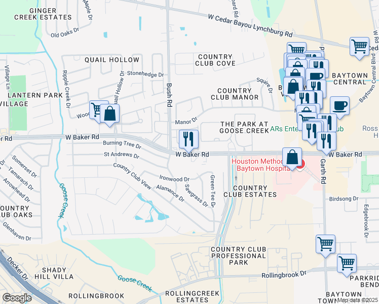 map of restaurants, bars, coffee shops, grocery stores, and more near 2800 West Baker Road in Baytown