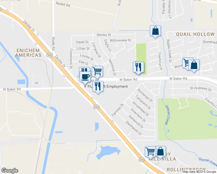 map of restaurants, bars, coffee shops, grocery stores, and more near 4219 West Baker Road in Baytown
