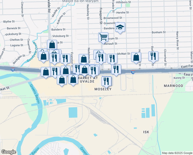 map of restaurants, bars, coffee shops, grocery stores, and more near 13732 East Freeway in Houston