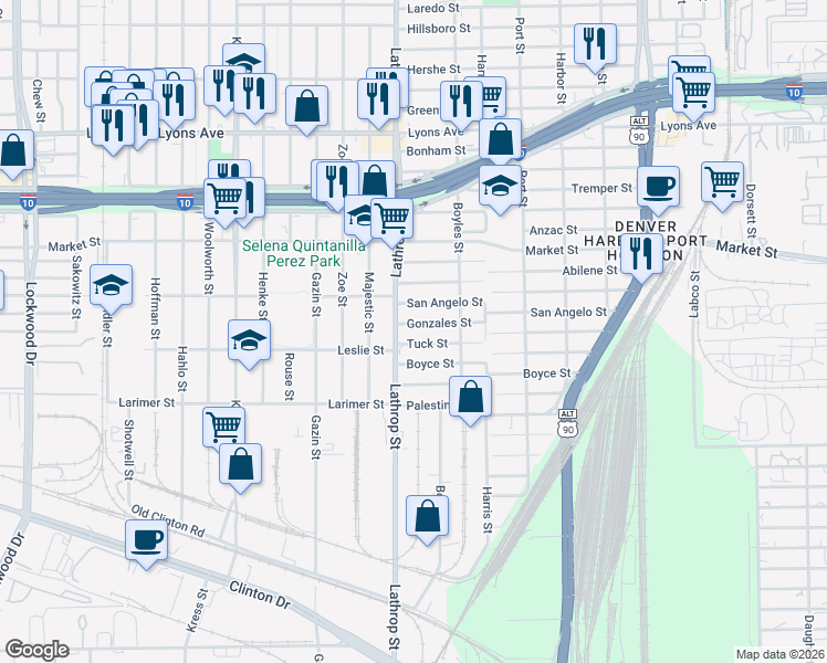 map of restaurants, bars, coffee shops, grocery stores, and more near 1007 Lathrop Street in Houston