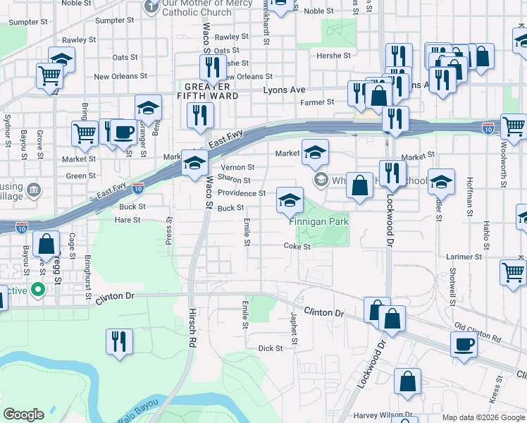 map of restaurants, bars, coffee shops, grocery stores, and more near 4614 Providence Street in Houston