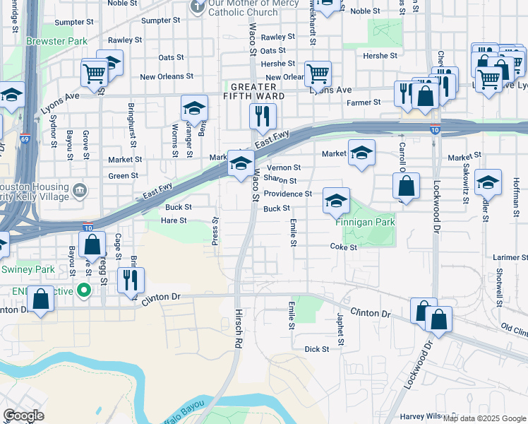 map of restaurants, bars, coffee shops, grocery stores, and more near 910 Waco Street in Houston