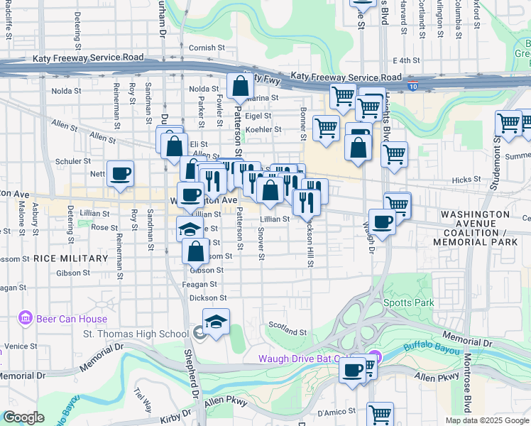 map of restaurants, bars, coffee shops, grocery stores, and more near 4216 Washington Avenue in Houston